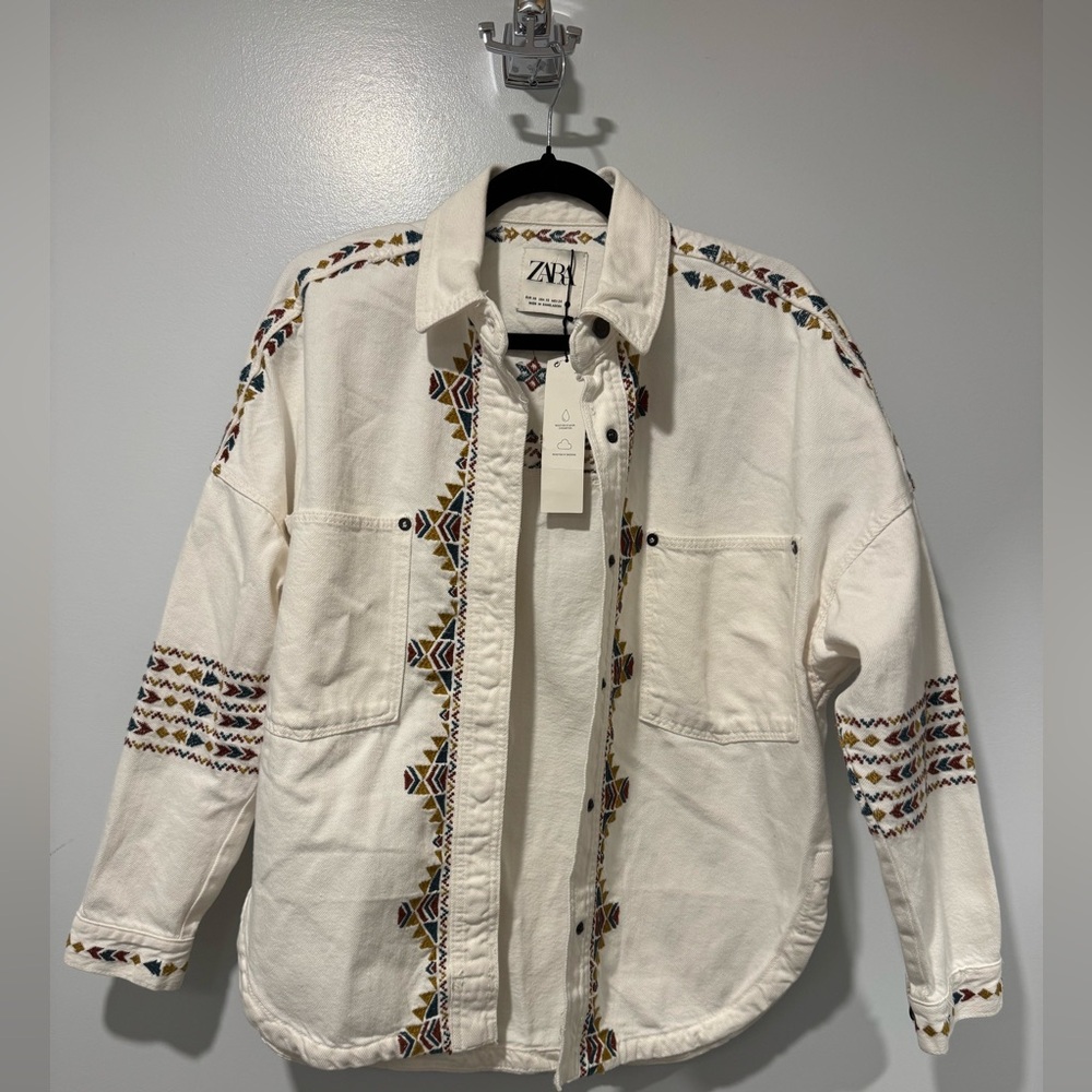 Zara Cream Jacket with Geometric Embroidery